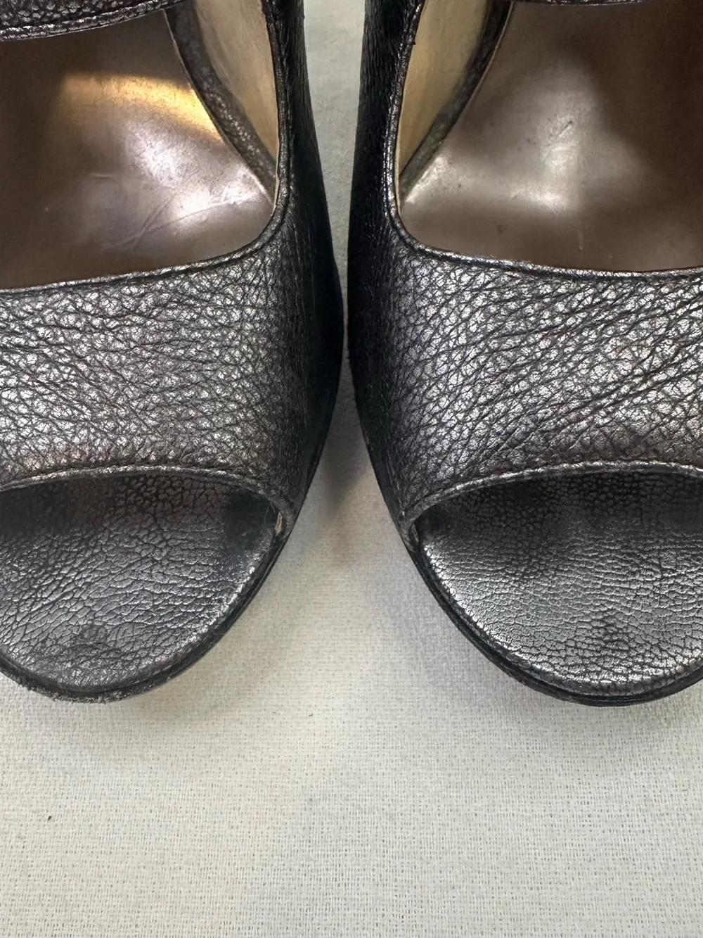 Michael Kors Peep Toe Double Buckle Heels Pewter Metallic Leather 7
